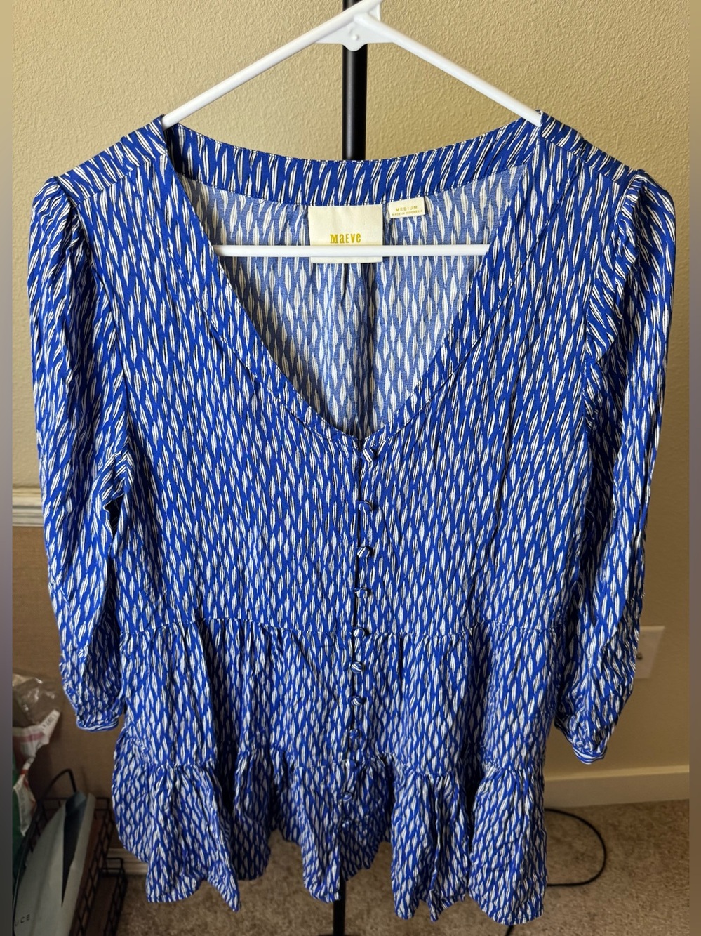 Anthropologie Maeve Blue & White Ikat-Style V-Neck Button Peplum Blouse